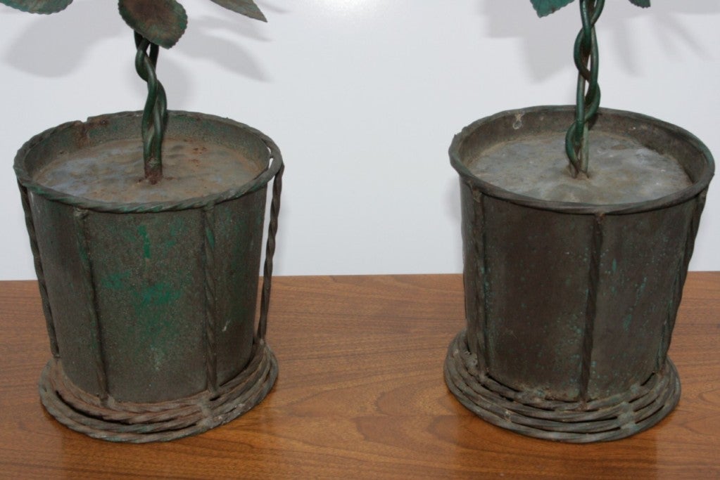 Pair Brutalist Industrial Mid Century Iron Planter Pot Table Statue Sculpture In Distressed Condition For Sale In Philadelphia, PA
