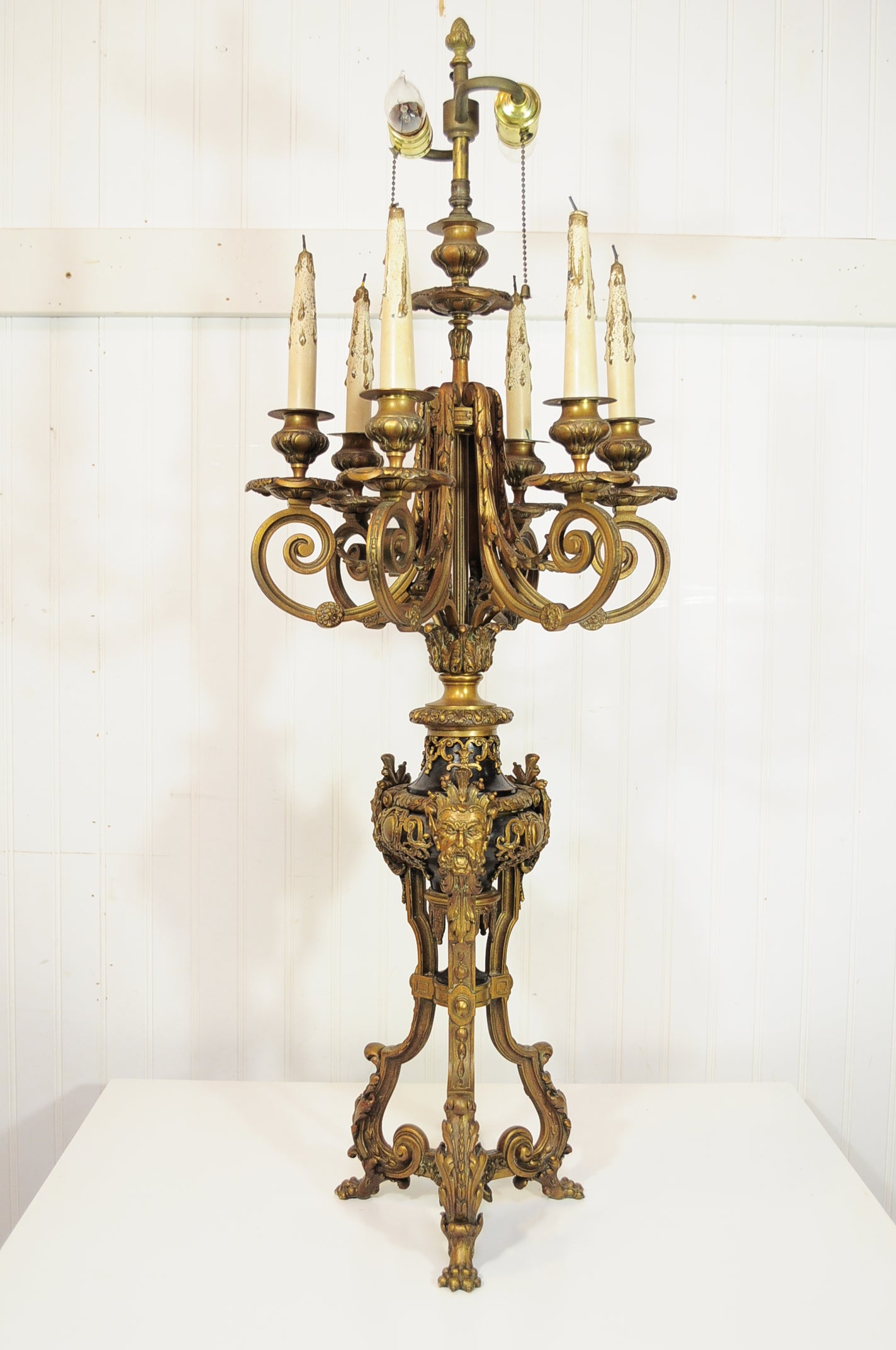 19th C French Empire Louis XV Style Bronze Figural Candelabra Table Lamp