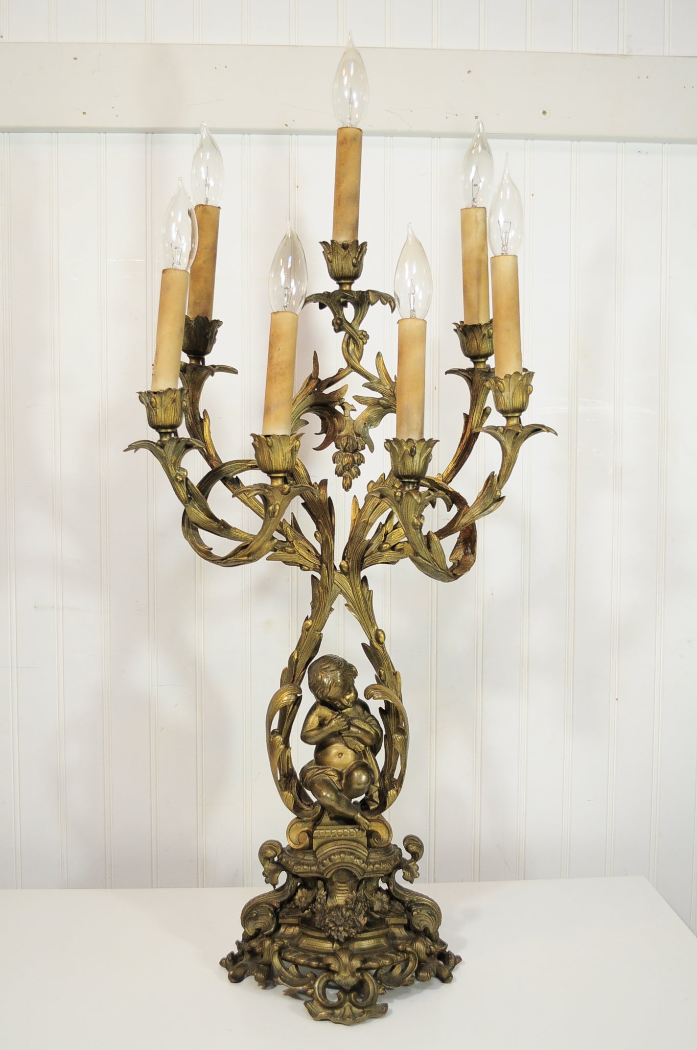 Ornate 19th C French Rococo Figural Cherub & Bird Bronze Candelabra Table Lamp