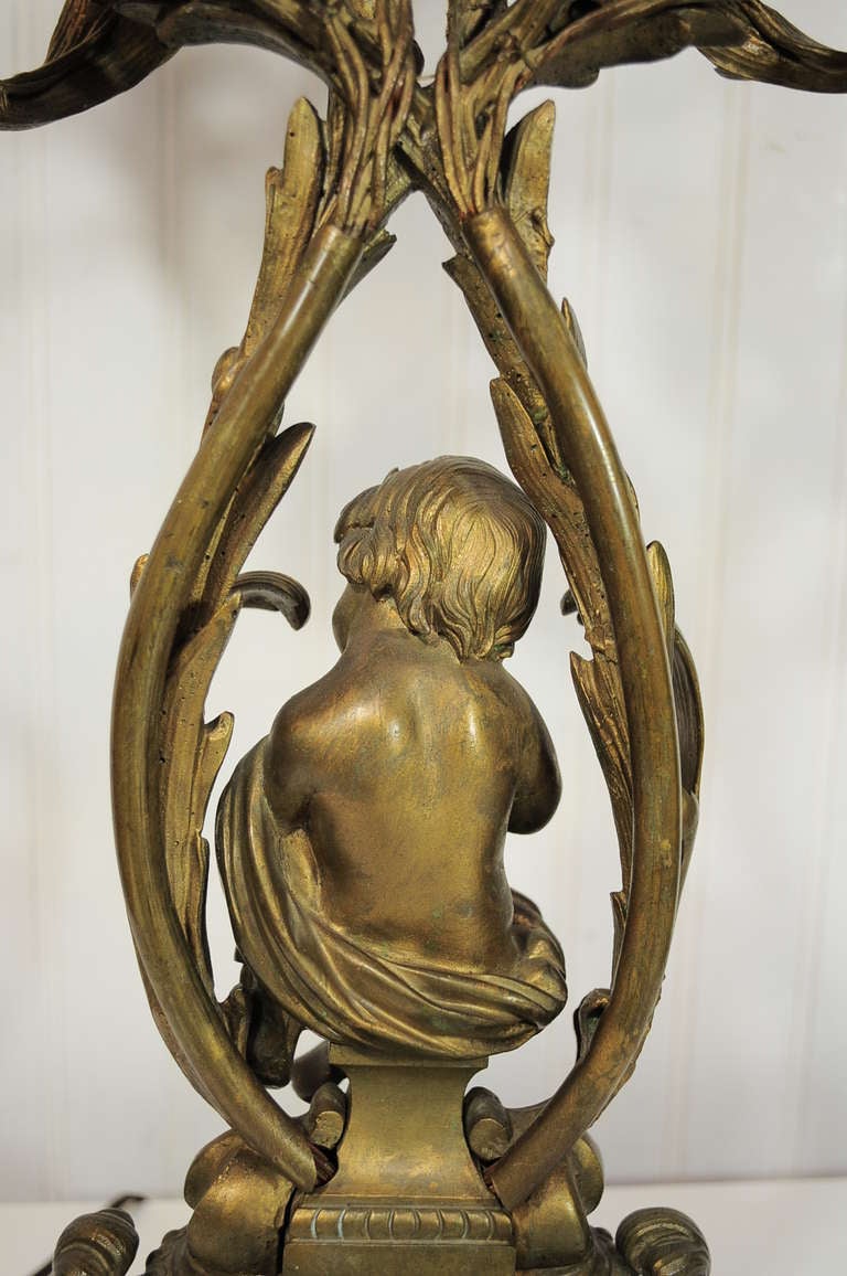 19th Century Ornate 19th C French Rococo Figural Cherub & Bird Bronze Candelabra Table Lamp