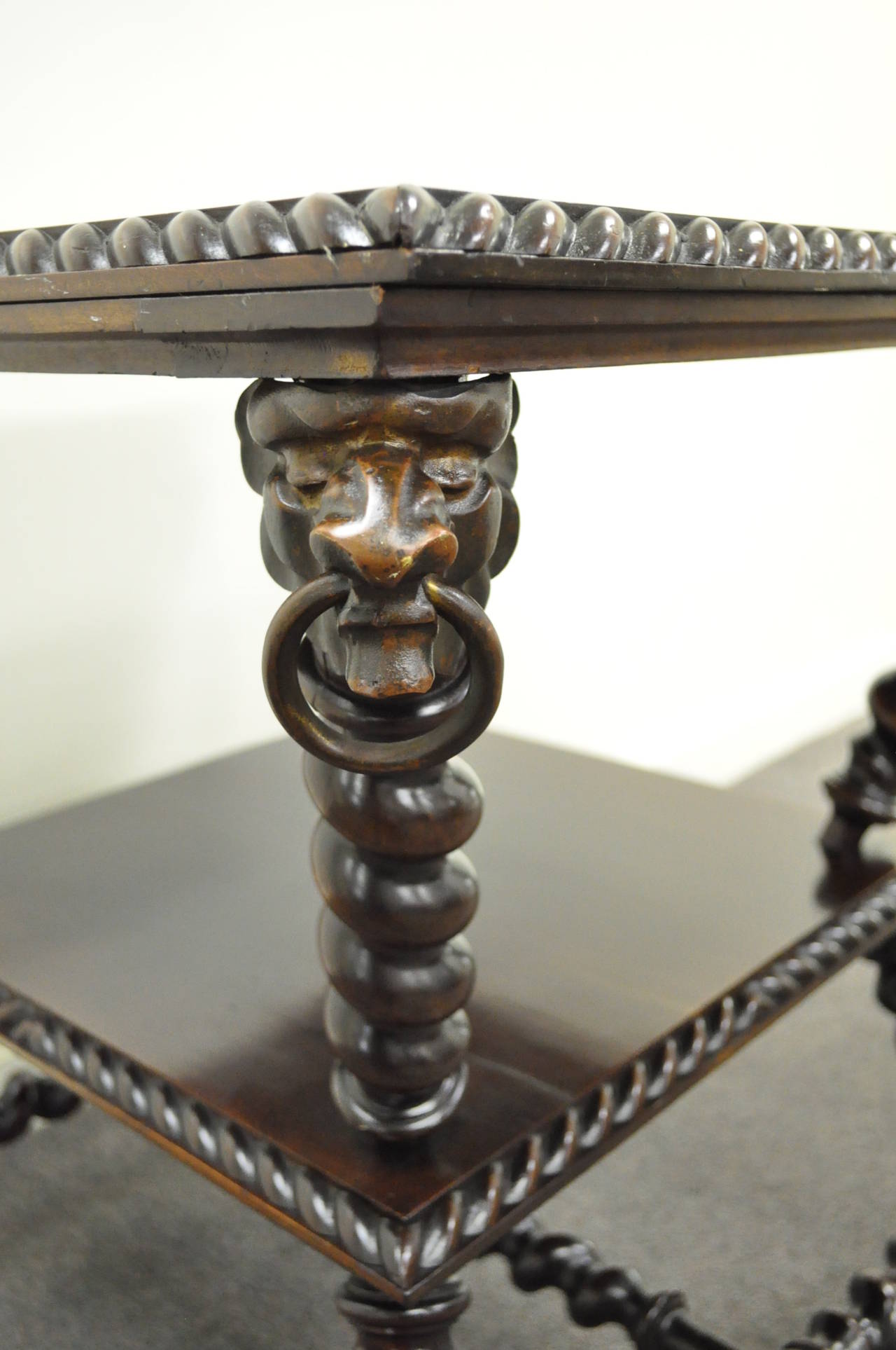 19th C. Victorian Merklen Bros. Barley Twist Figural Mahogany Parlor Lamp Table For Sale 1