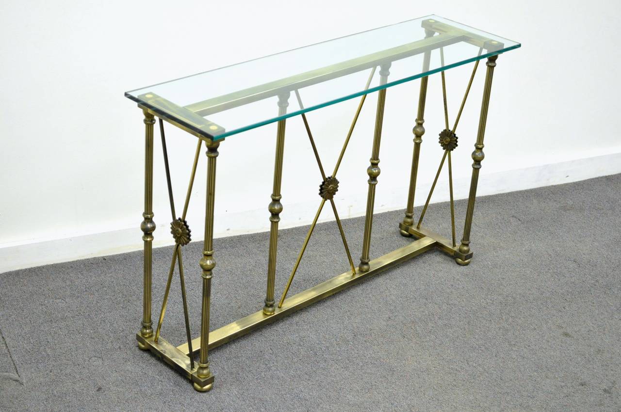 Italian Mastercraft X Form Brass and Glass Console Table in the Neoclassical Taste