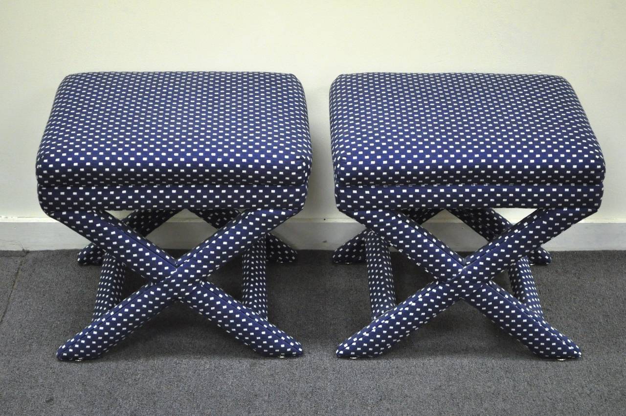 American Pair of Blue Upholstered Hollywood Regency X-Form Benches or Stools