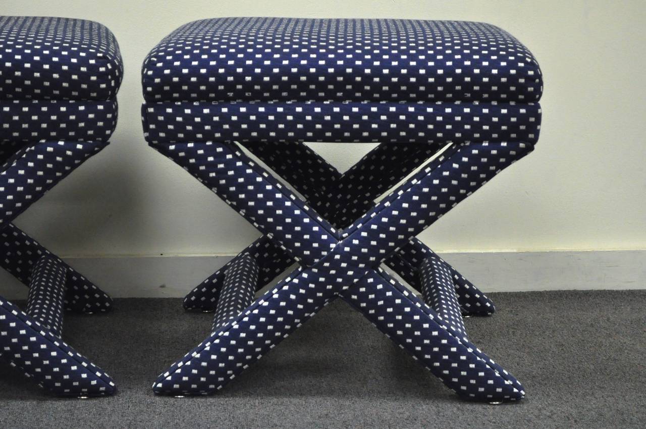 20th Century Pair of Blue Upholstered Hollywood Regency X-Form Benches or Stools