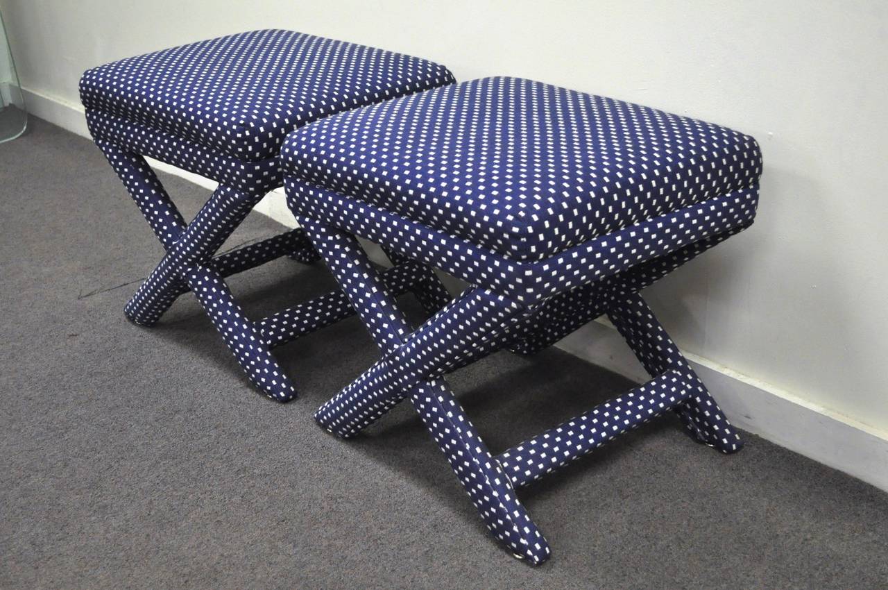 Pair of Blue Upholstered Hollywood Regency X-Form Benches or Stools In Excellent Condition In Philadelphia, PA