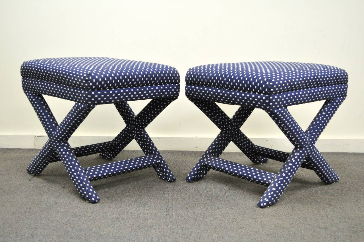 Pair of Lovely Vintage Hollywood Regency / Mid Century Modern X-Form Upholstered Stools. The stools are very sturdily constructed with seamless joints and stretcher supported legs, and have a very nice blue and white upholstery.