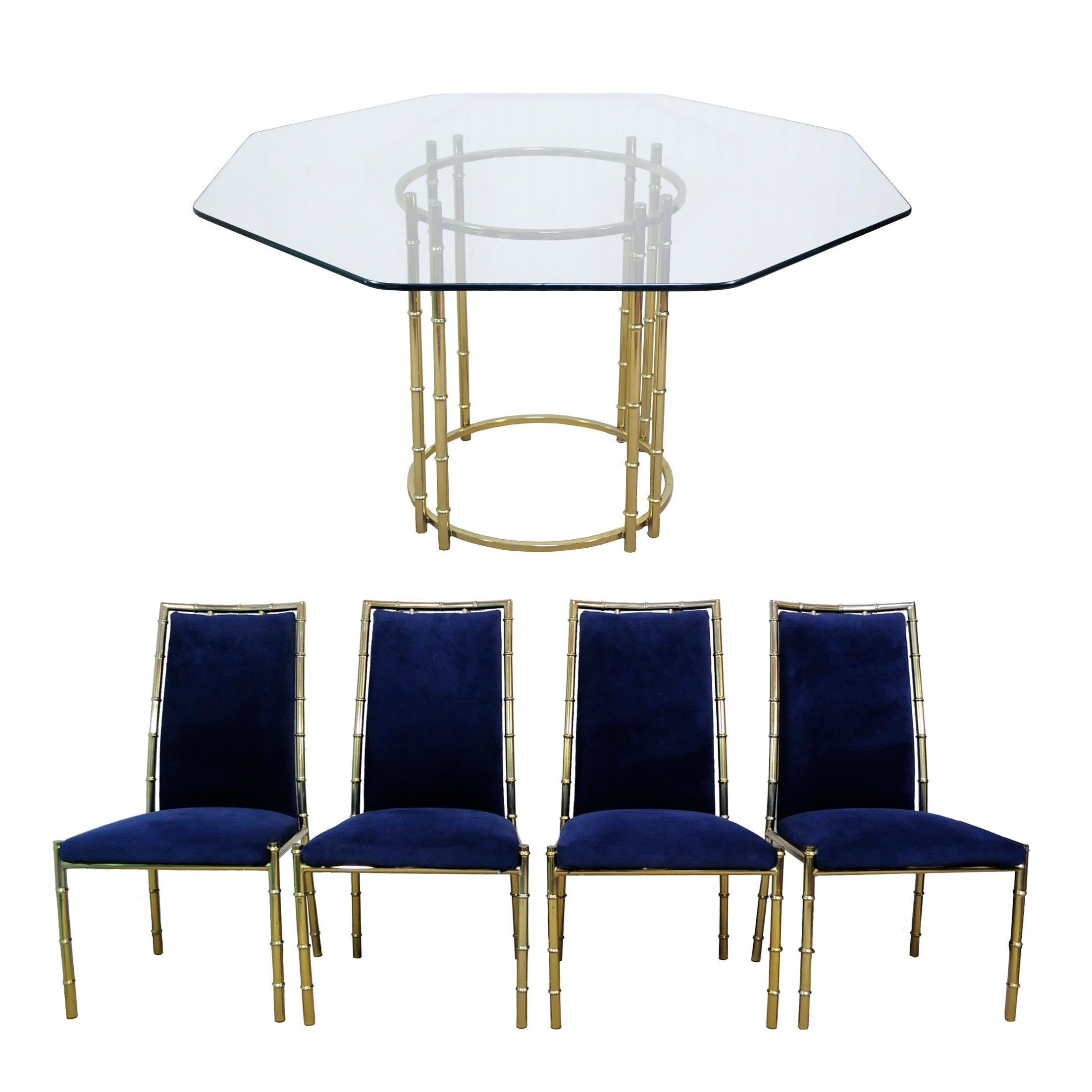 Hollywood Regency Faux Bamboo Dining Set Gold / Brass Finish - Chairs & Table