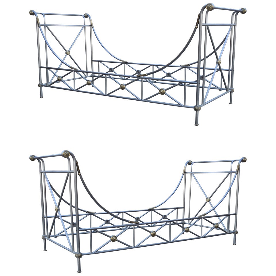 Matching Pair of Maison Jansen Attributed Steel and Bronze French Campaign Style Daybeds