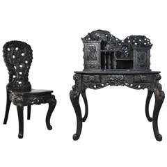 Exquisitely Carved Dragon Ebonized Oriental Chinese Writing Desk and Side Chair