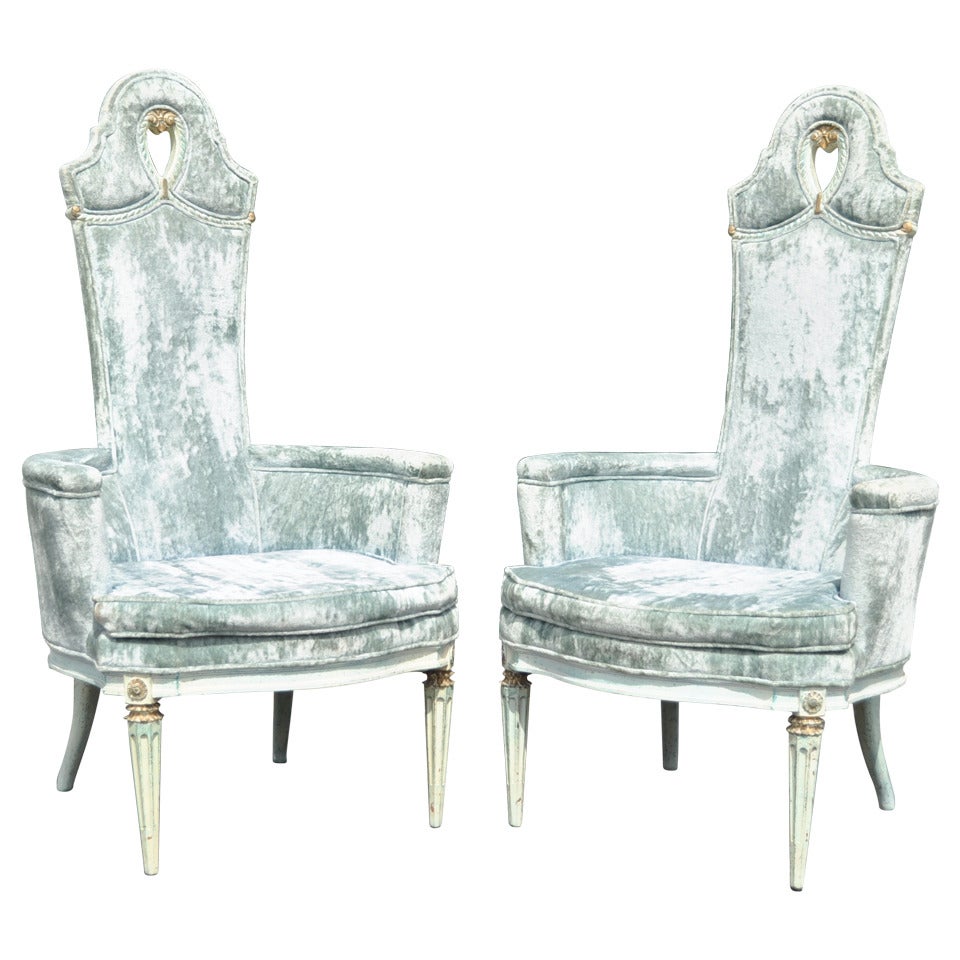 Pair of Glamorous Tall Back Hollywood Regency French Style Armchairs, Dorothy Draper Era