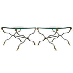 Pair of Vintage Italian Brass & Steel Rams Head Hoof Foot End Tables - Maison Jansen Style