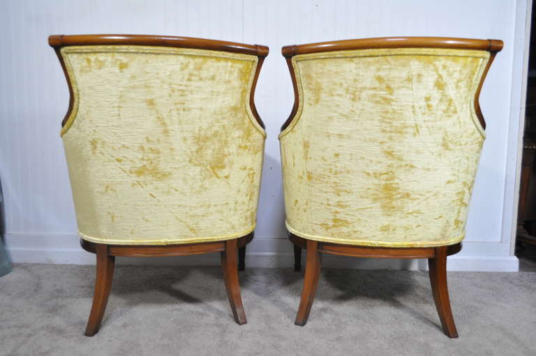 Vintage Hollywood Regency Yellow French Style Mahogany Fireside Lounge Armchairs In Good Condition In Philadelphia, PA