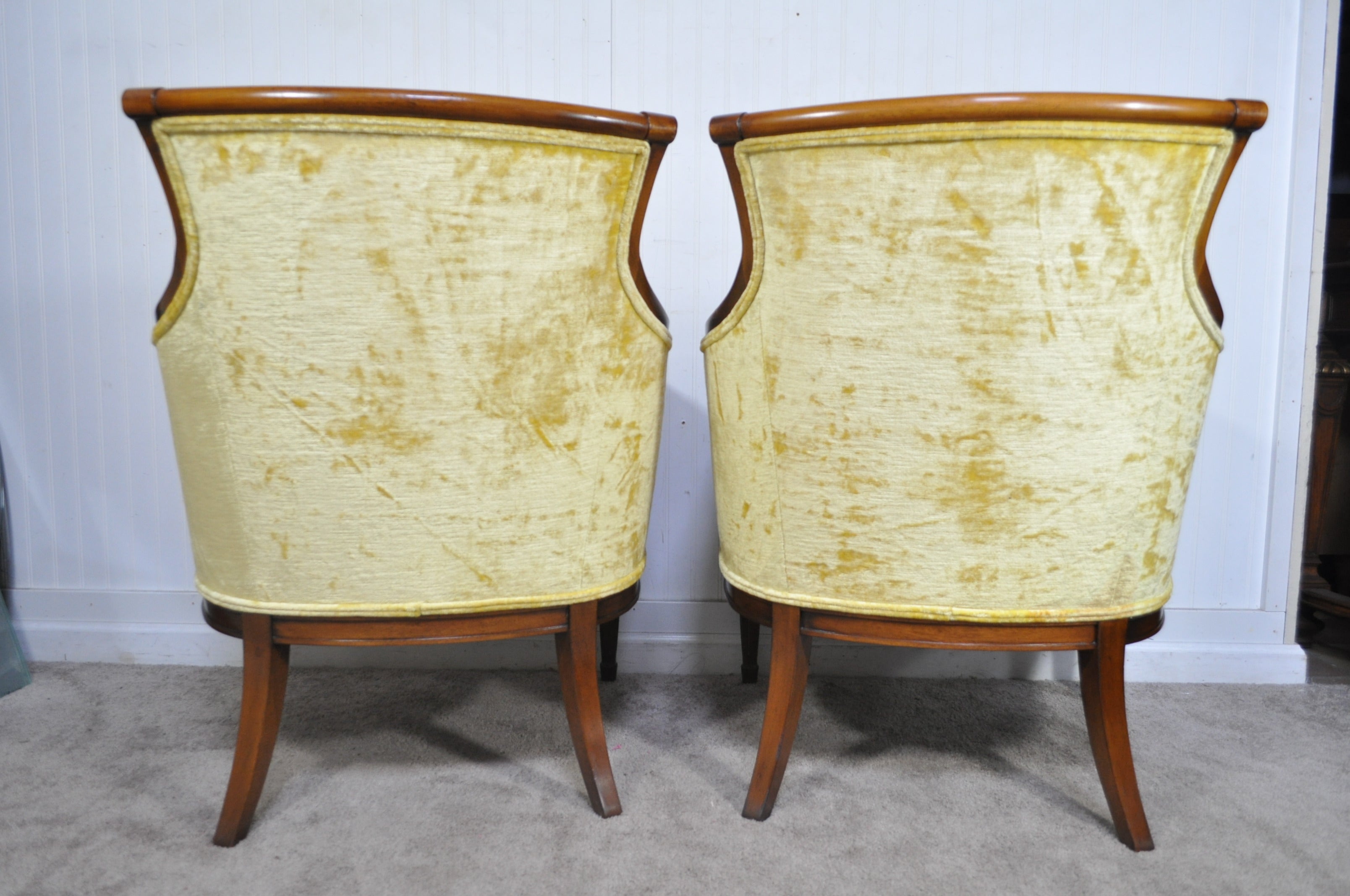 Vintage Hollywood Regency Yellow French Style Mahogany Fireside Lounge Armchairs