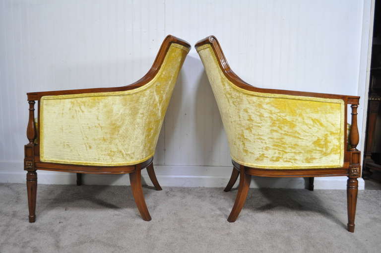 American Vintage Hollywood Regency Yellow French Style Mahogany Fireside Lounge Armchairs