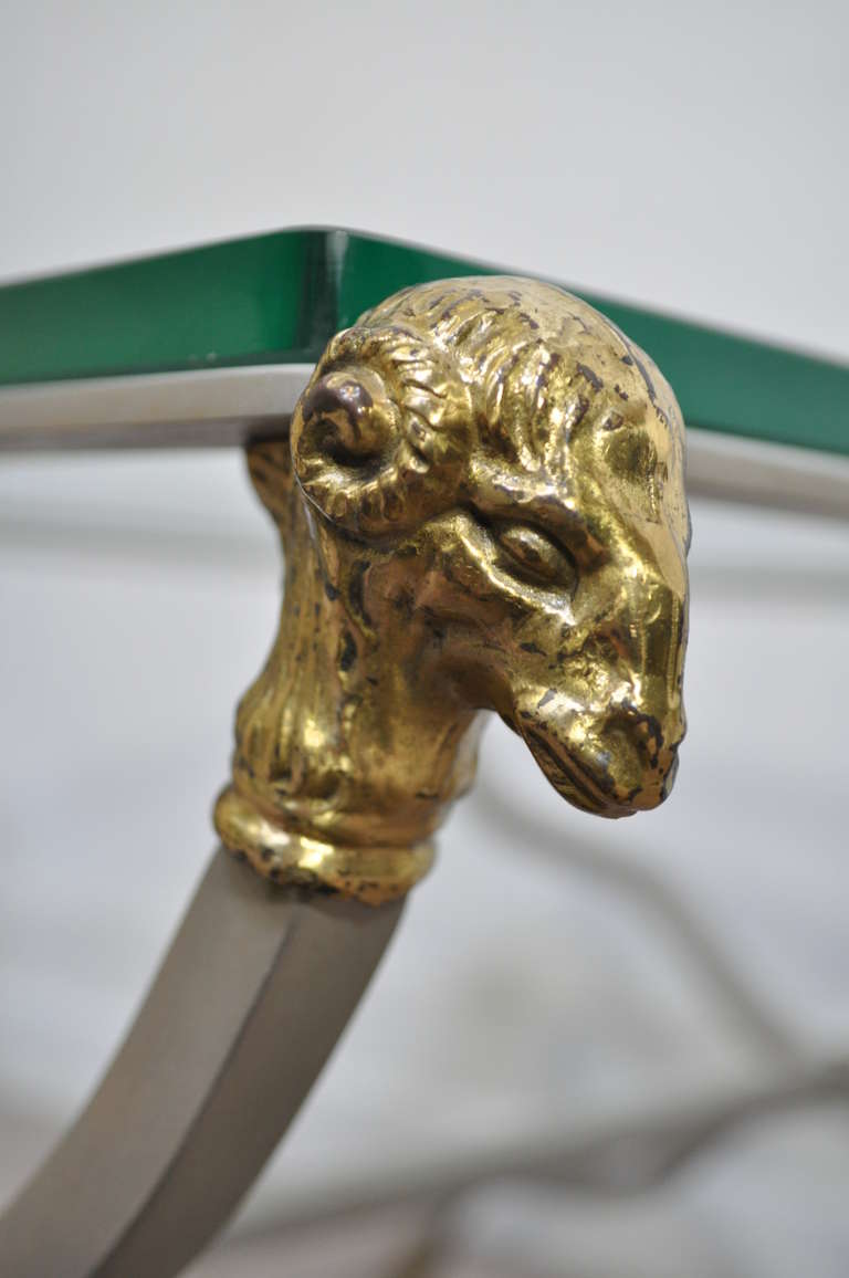 Neoclassical Pair of Vintage Italian Brass & Steel Rams Head Hoof Foot End Tables - Maison Jansen Style