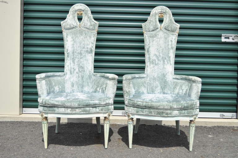 American Pair of Glamorous Tall Back Hollywood Regency French Style Armchairs, Dorothy Draper Era