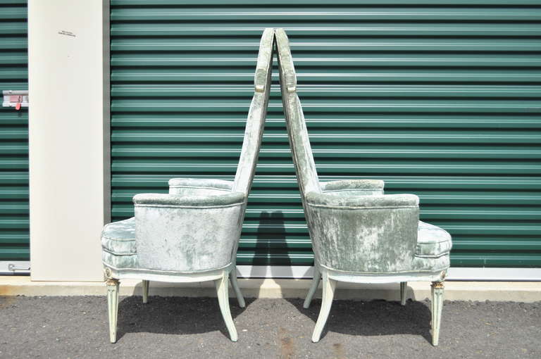 Pair of Glamorous Tall Back Hollywood Regency French Style Armchairs, Dorothy Draper Era In Good Condition In Philadelphia, PA