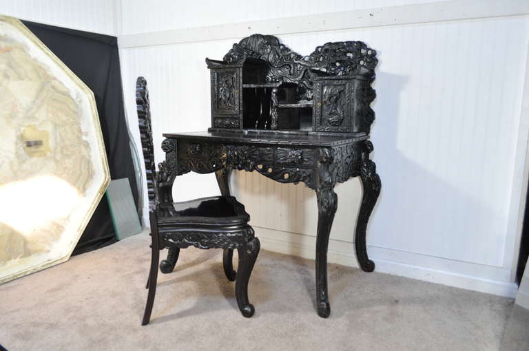 Exquisitely Carved Dragon Ebonized Oriental Chinese Writing Desk and Side Chair 1