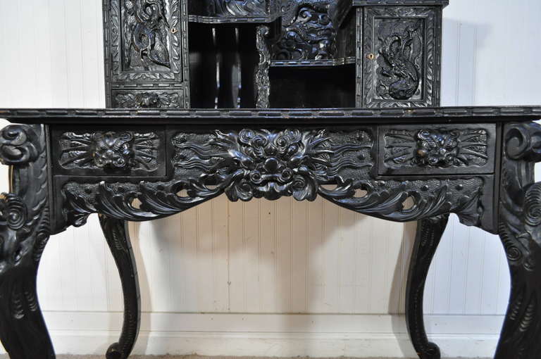 Exquisitely Carved Dragon Ebonized Oriental Chinese Writing Desk