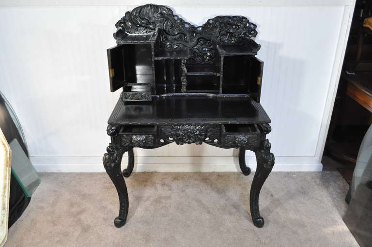 Japonisme Exquisitely Carved Dragon Ebonized Oriental Chinese Writing Desk and Side Chair
