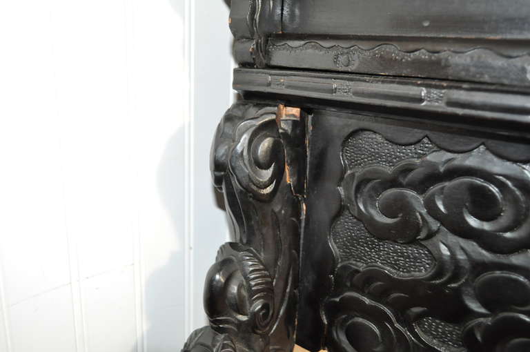 20th Century Exquisitely Carved Dragon Ebonized Oriental Chinese Writing Desk and Side Chair
