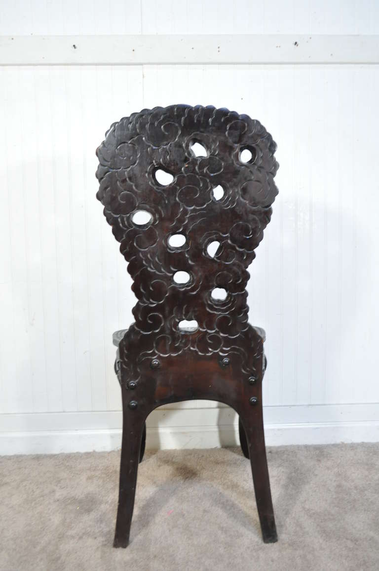 Wood Exquisitely Carved Dragon Ebonized Oriental Chinese Writing Desk and Side Chair