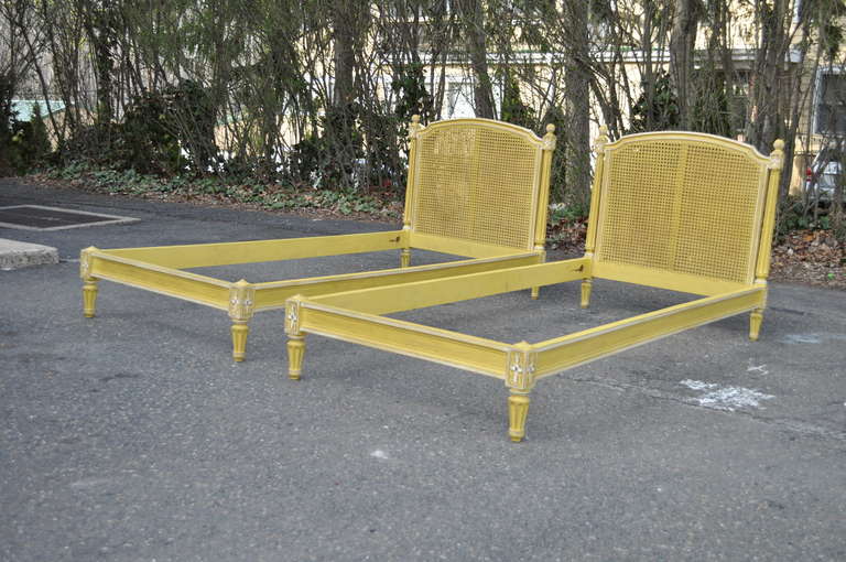 Wood Vintage Pair French Louis XVI Style Distress Painted Yellow Cane Toddler Beds