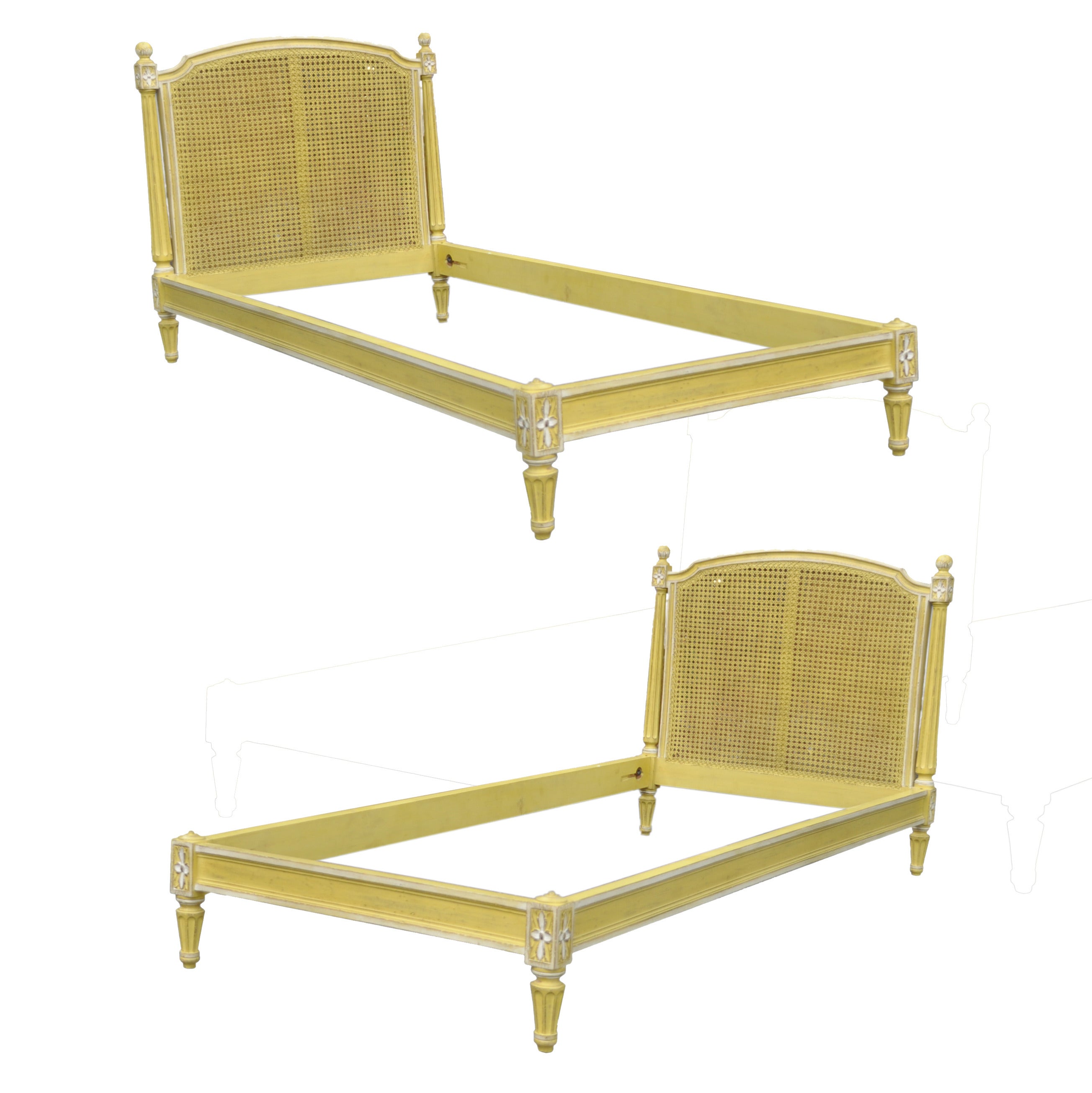 Vintage Pair French Louis XVI Style Distress Painted Yellow Cane Toddler Beds