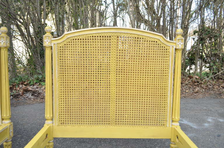 20th Century Vintage Pair French Louis XVI Style Distress Painted Yellow Cane Toddler Beds