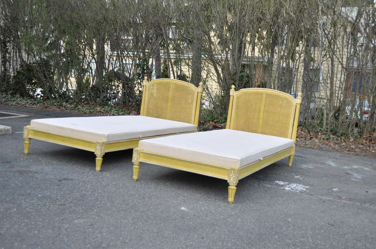 Vintage Pair French Louis XVI Style Distress Painted Yellow Cane Toddler Beds 1