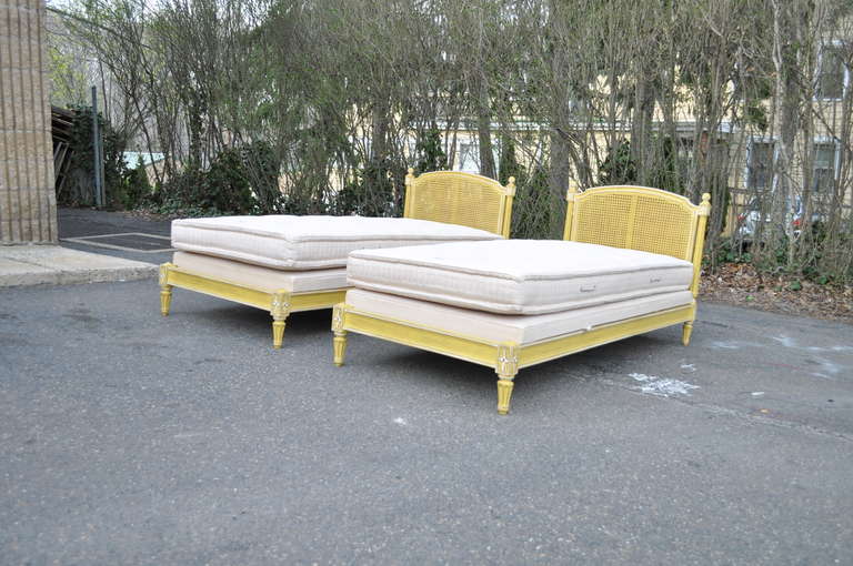 Vintage Pair French Louis XVI Style Distress Painted Yellow Cane Toddler Beds 2