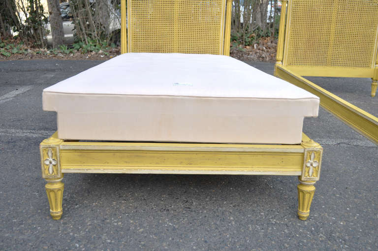 Vintage Pair French Louis XVI Style Distress Painted Yellow Cane Toddler Beds 3