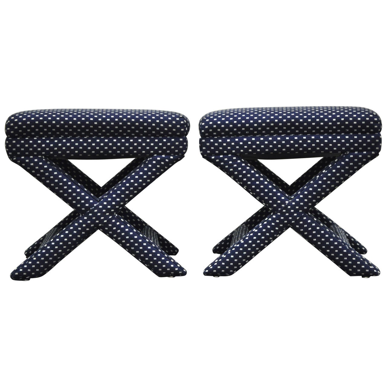 Pair of Blue Upholstered Hollywood Regency X-Form Benches or Stools
