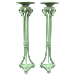 Pair of Neoclassical Style Green Carved Wood Swans Figural Pedestal Plant Stands