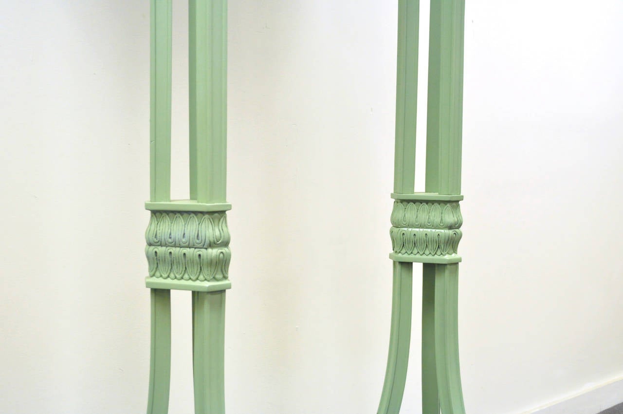 American Pair of Neoclassical Style Green Carved Wood Swans Figural Pedestal Plant Stands