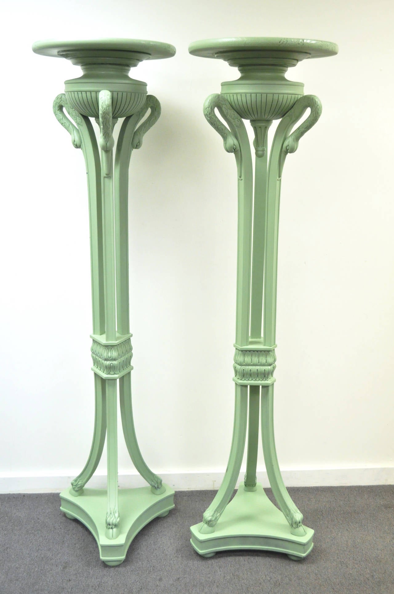 Pair of Neoclassical Style Green Carved Wood Swans Figural Pedestal Plant Stands 3