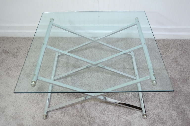 Mid-Century Modern Triple X Frame Modern Chrome & Glass Square Coffee Table after Maison Jansen For Sale
