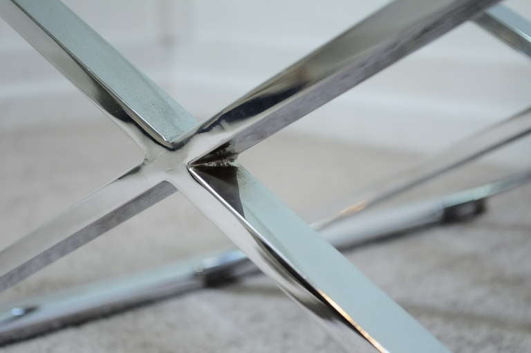 Triple X Frame Modern Chrome & Glass Square Coffee Table after Maison Jansen In Good Condition For Sale In Philadelphia, PA