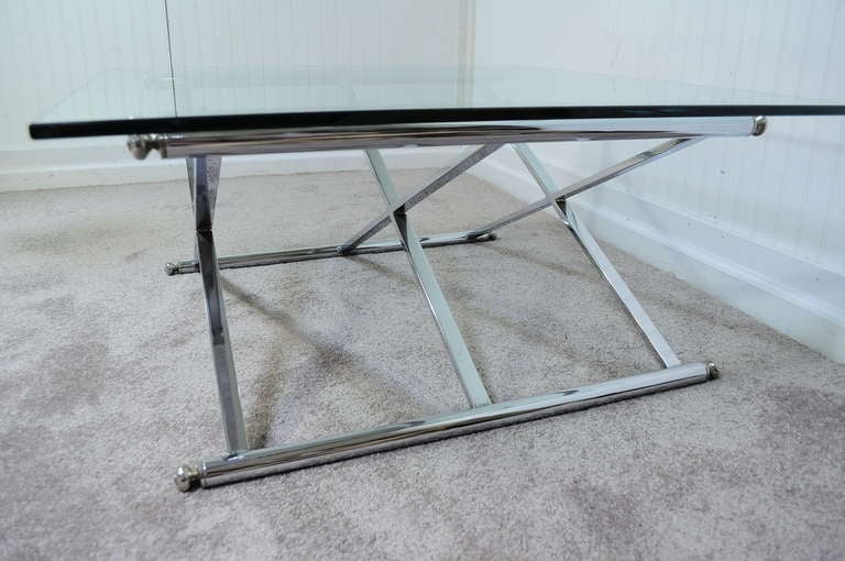 Triple X Frame Modern Chrome & Glass Square Coffee Table after Maison Jansen For Sale 1