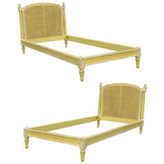 Vintage Pair French Louis XVI Style Distress Painted Yellow Cane Toddler Beds