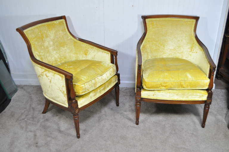 Vintage Hollywood Regency Yellow French Style Mahogany Fireside Lounge Armchairs 5