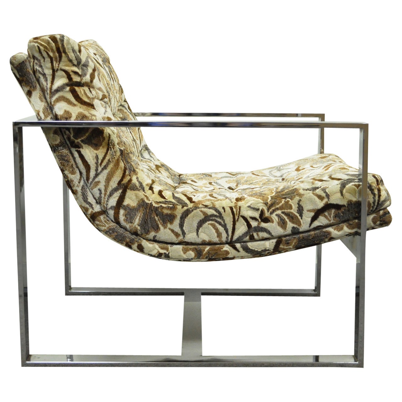 Mid Century Milo Baughman Style Chrome Flat Bar Lounge Arm Chair 