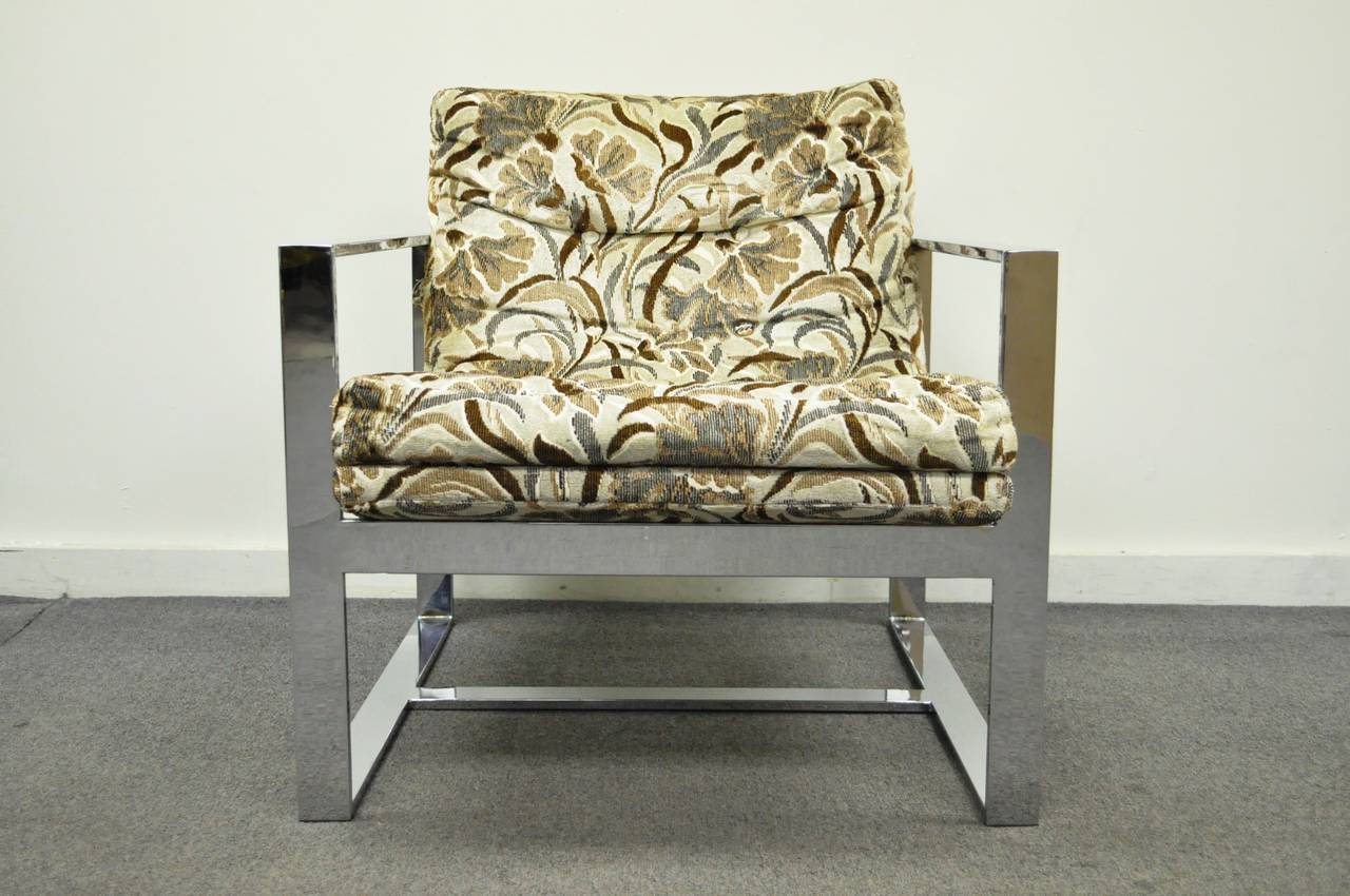 Mid-Century Modern Mid Century Milo Baughman Style Chrome Flat Bar Lounge Arm Chair  For Sale