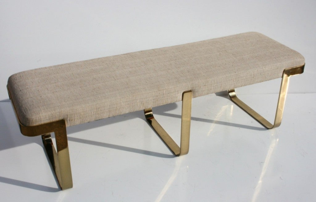 3 Legged Brass Window Bench designed by Pace upholstered in Natural Burlap