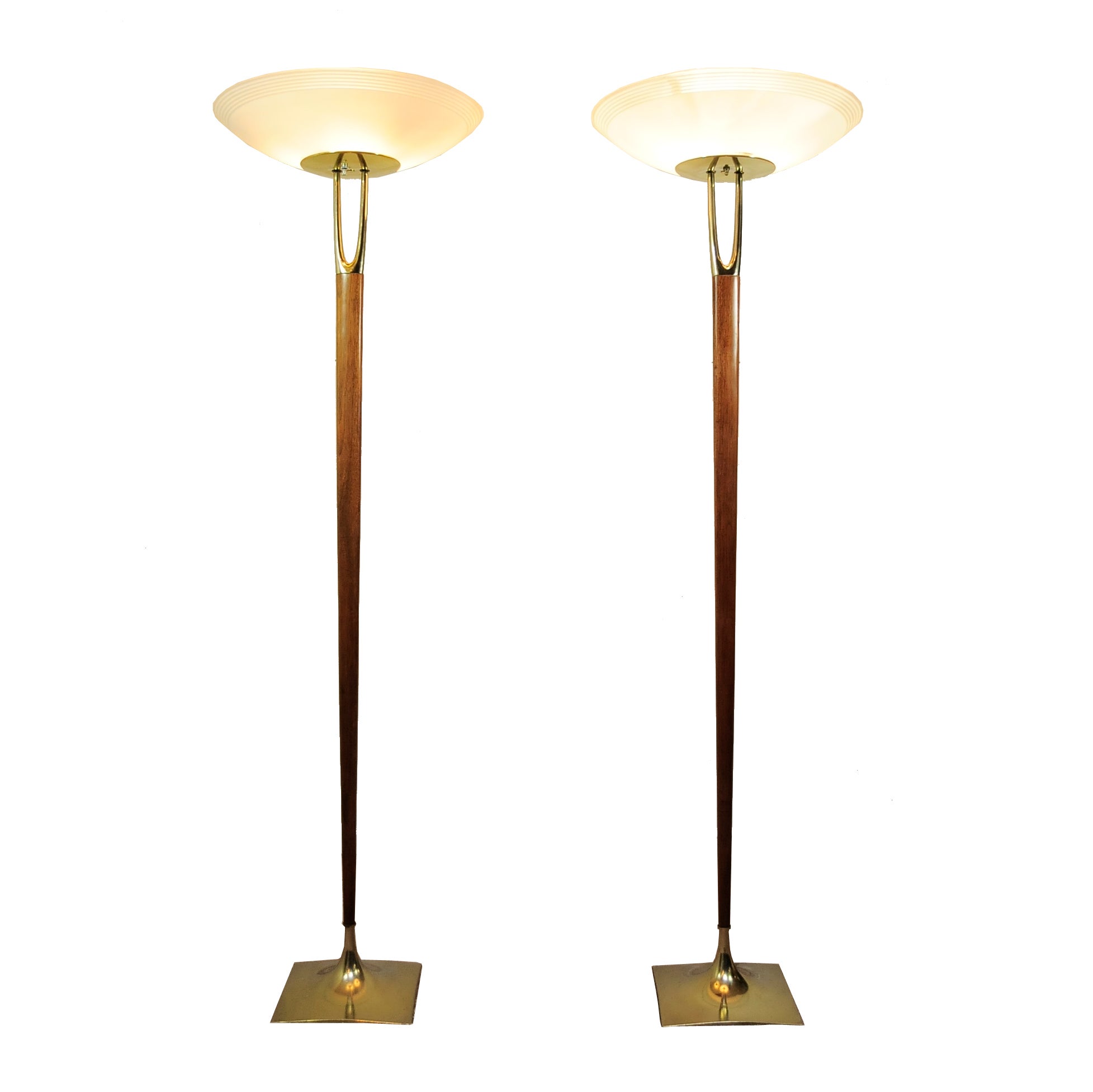 Pair of Laurel Brass Wishbone & Wood Torchiere Floor Lamps - Tulip Bases
