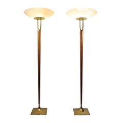 Pair of Laurel Brass Wishbone & Wood Torchiere Floor Lamps - Tulip Bases