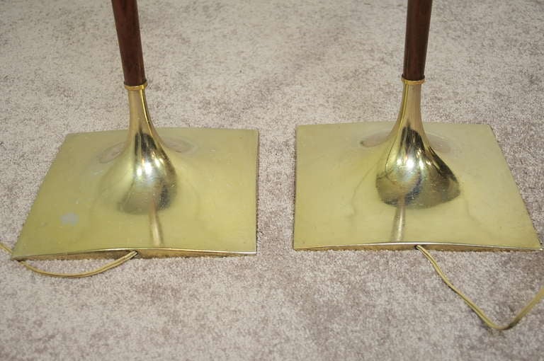 American Pair of Laurel Brass Wishbone & Wood Torchiere Floor Lamps - Tulip Bases
