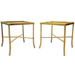 Pair Brass Italian Hollywood Regency Faux Bamboo X-Form End Tables
