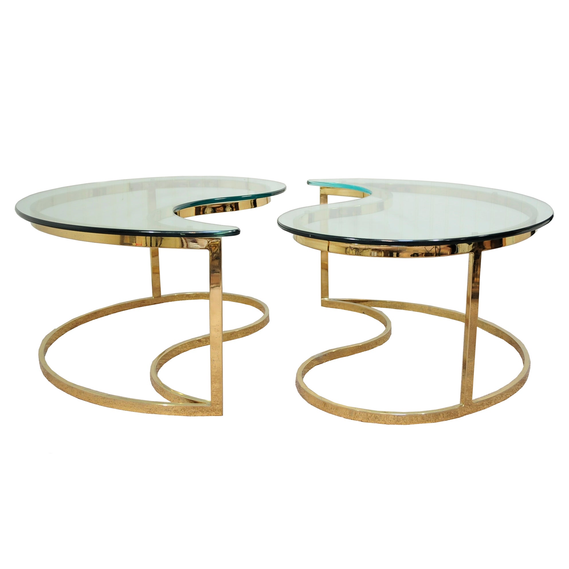 Pair Hollywood Regency Yin Yang Brass Plated End / Coffee Tables