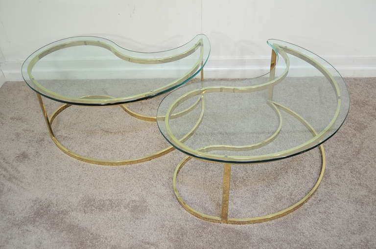 Glass Pair Hollywood Regency Yin Yang Brass Plated End / Coffee Tables